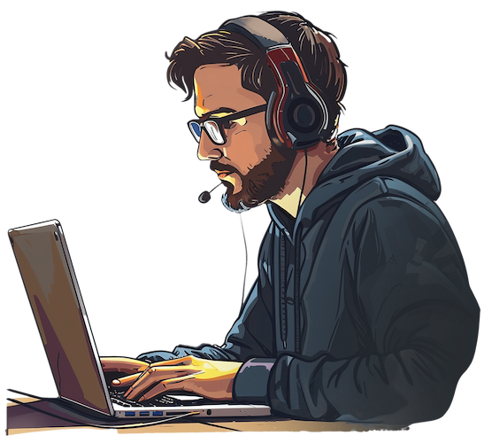 matheus, focused programmer wearing a hoodie and headset, working on a laptop.